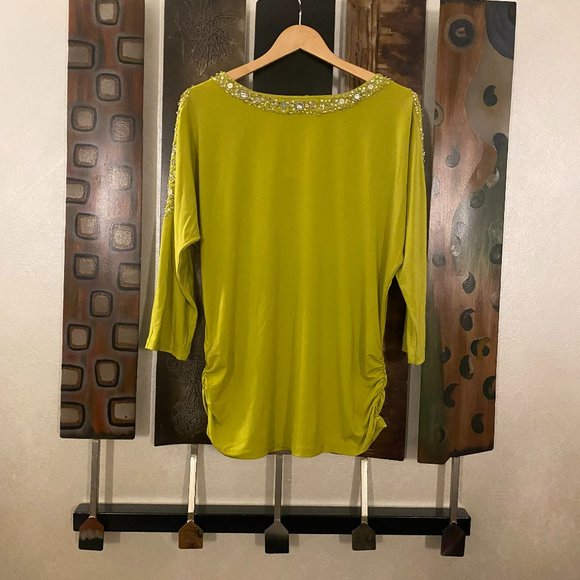 NWT Susan Graver Chartreuse top embellished with beads - Size L - Picture 1 of 5